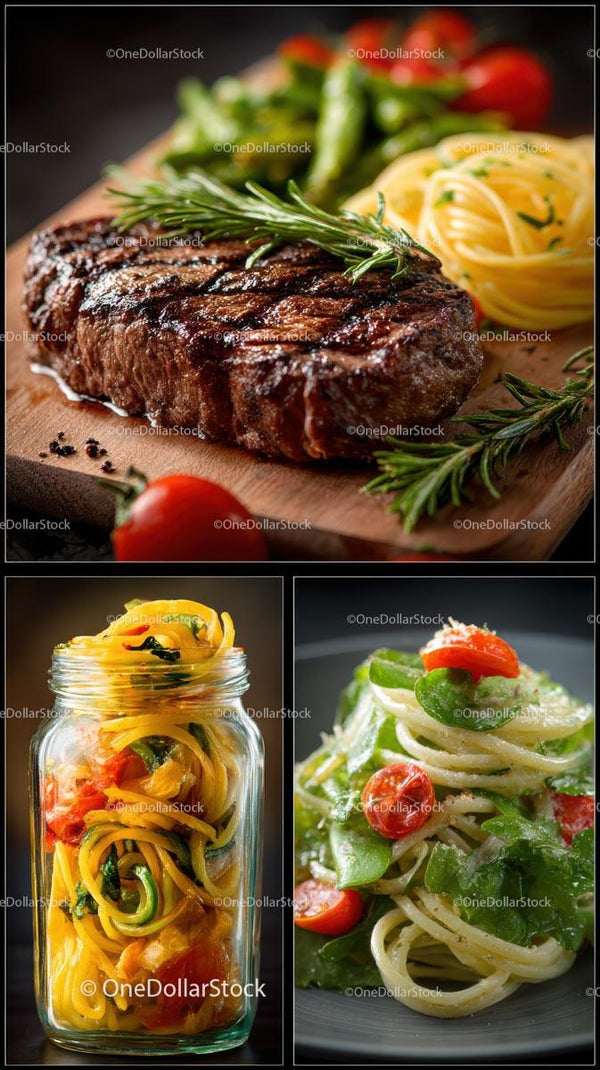 Gourmetowy grillowany stek z świeżym makaronem i warzywami