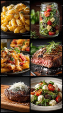 Gourmet Italian Cuisine: Pasta, Salad, and Steak