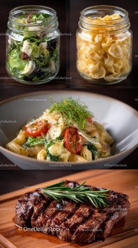 Gourmet Steak and Pasta with Fresh Salad in Jars