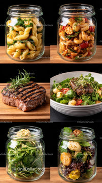 Assorted Gourmet Meals in Jars and Fresh Grilled Steak