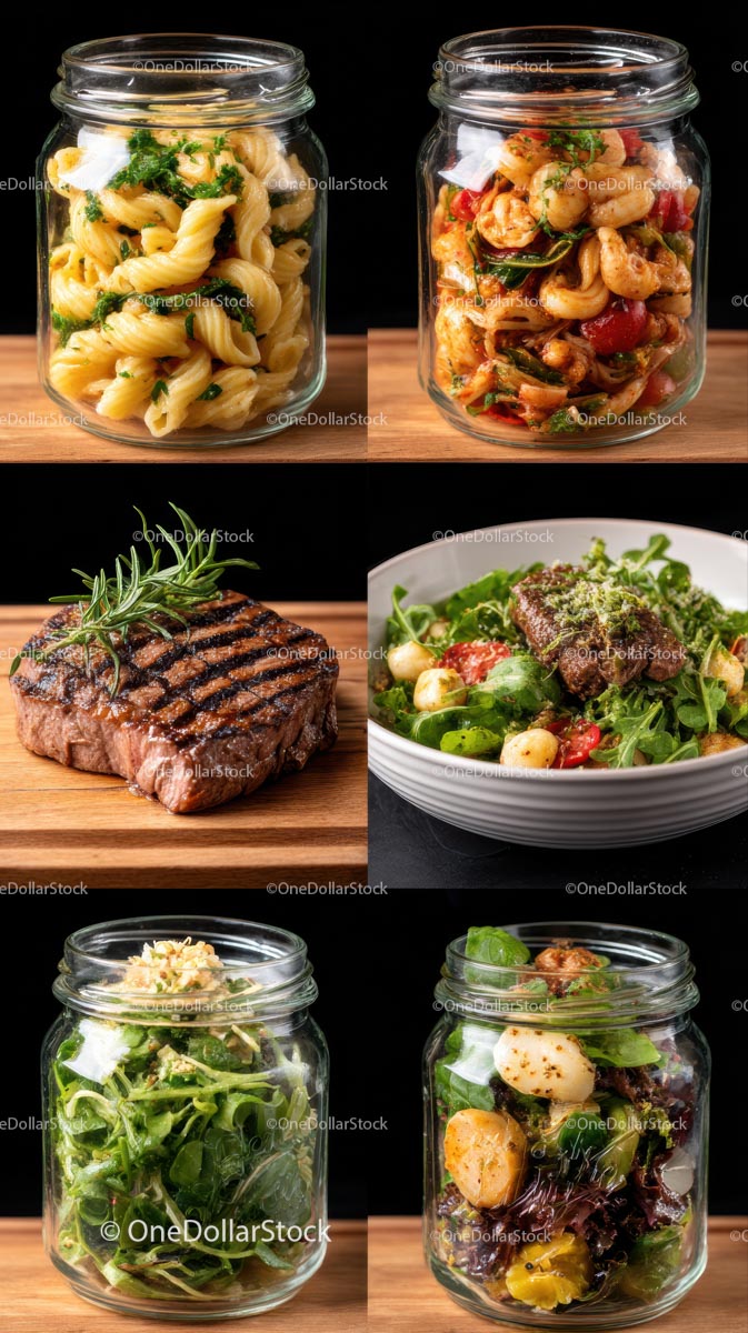 Różnorodne dania gourmet w słoikach i świeże grillowane steki