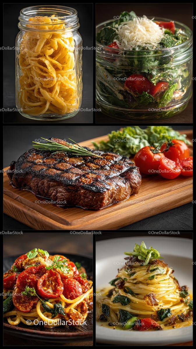 Różnorodne dania z makaronu gourmet i grillowane steki