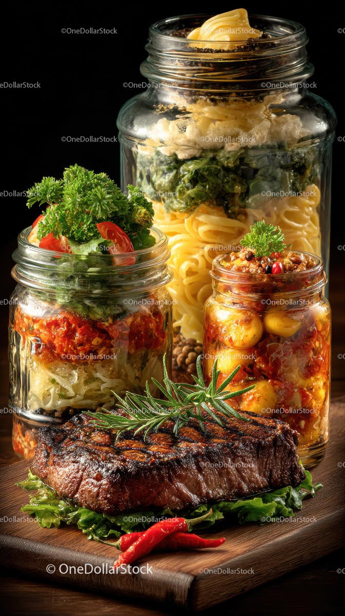 Gourmet Steak and Vibrant Jar Salads with Fresh Herbs