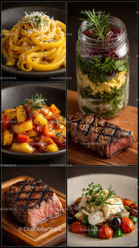 Gourmet Dishes with Steak, Pasta, and Fresh Ingredients