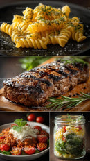Gourmet Italian Dishes with Pasta, Steak, and Fresh Salad