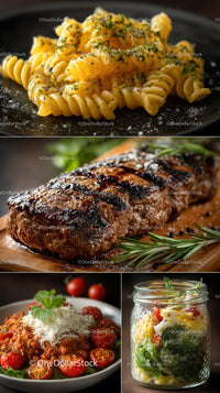 Gourmet Italian Dishes with Pasta, Steak, and Fresh Salad
