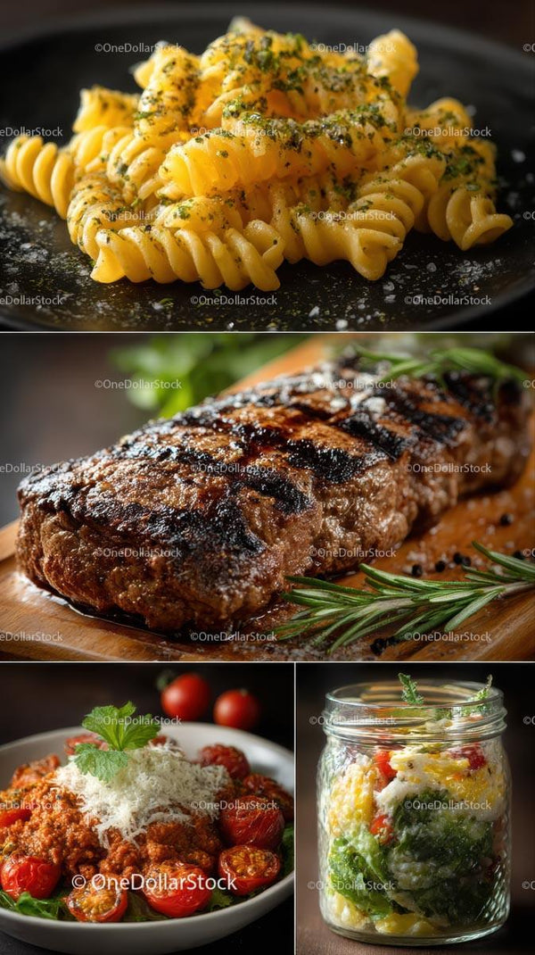 Gourmet włoskie dania z makaronem, stekiem i świeżą sałatką