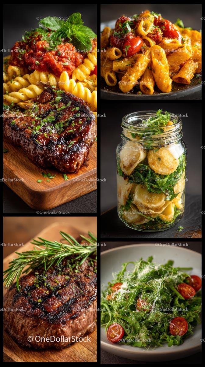Wykwintne dania kuchni włoskiej z makaronem i grillowanym stekiem