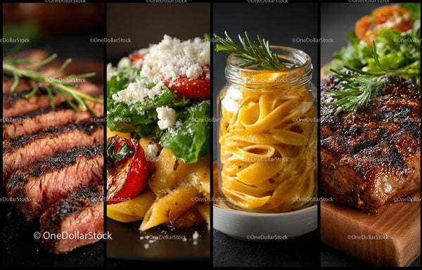 Gourmet posiłek z grillowanym stekiem, makaronem i świeżą sałatką