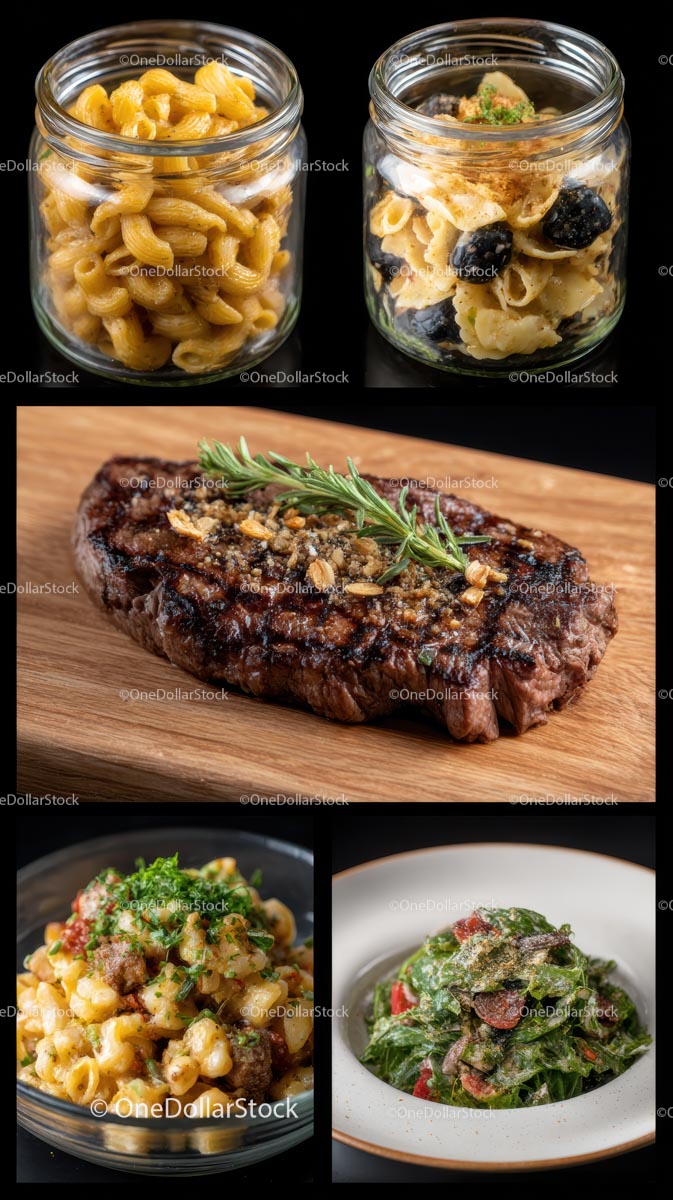 Gourmet Selection: Pasta Jars and Grilled Steak Delicacies