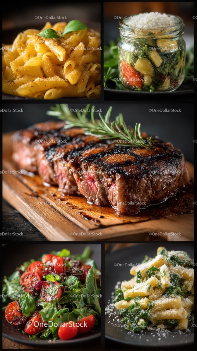 Wybór wykwintnych dań z grillowanego steka i makaronu