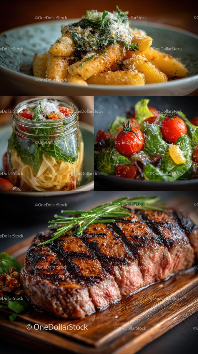 Gourmet Culinary Delights: Steak, Pasta, and Fresh Salads