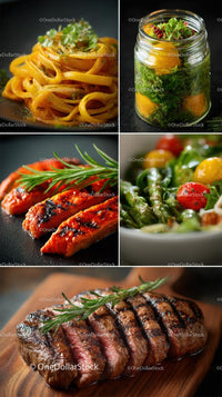 Gourmet Dishes Featuring Pasta, Salad, and Grilled Meat