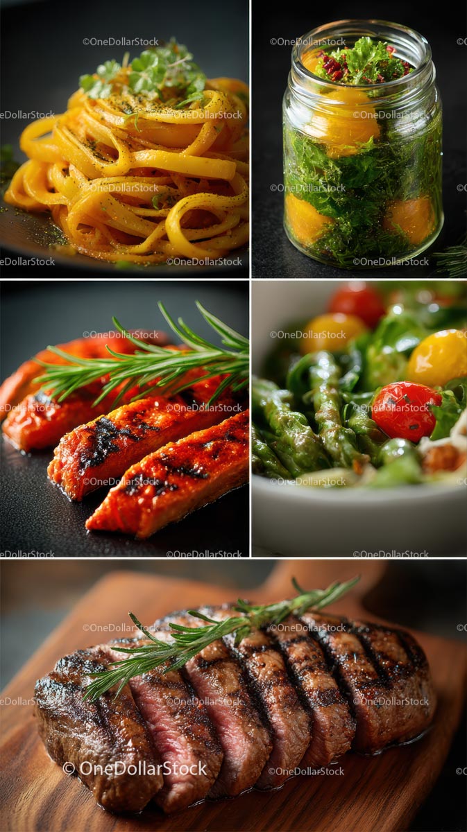 Gourmet Dishes Featuring Pasta, Salad, and Grilled Meat