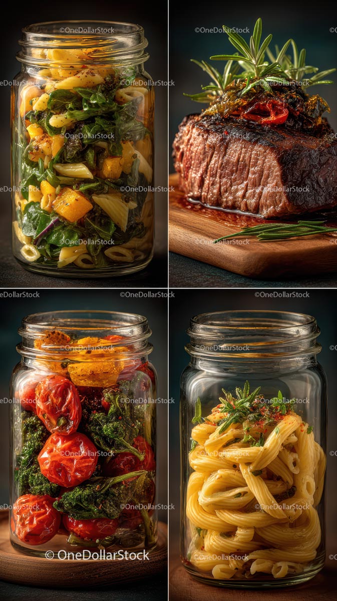 Gourmet Meals in Glass Jars and Savory Steak