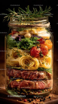 Layered Gourmet Salad in Jar with Herbs and Steak