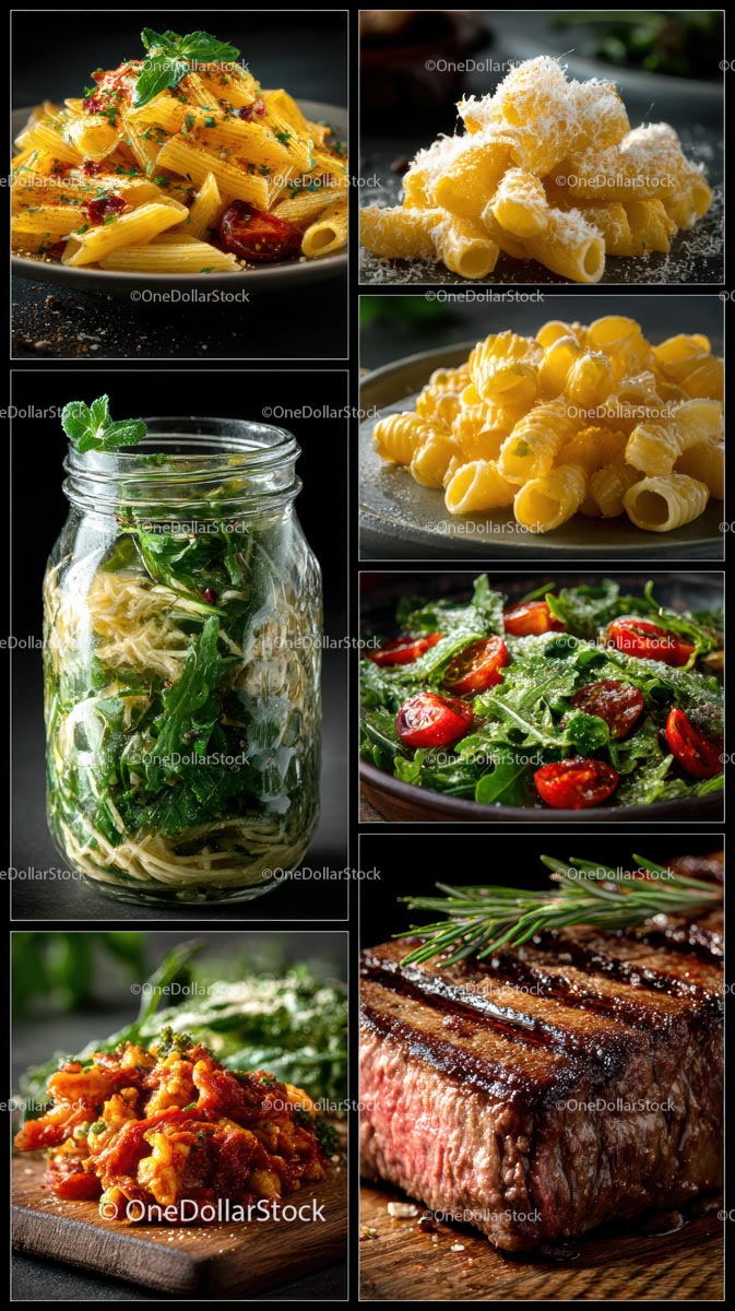 Variety of Italian Dishes with Fresh Pasta and Grilled Steak