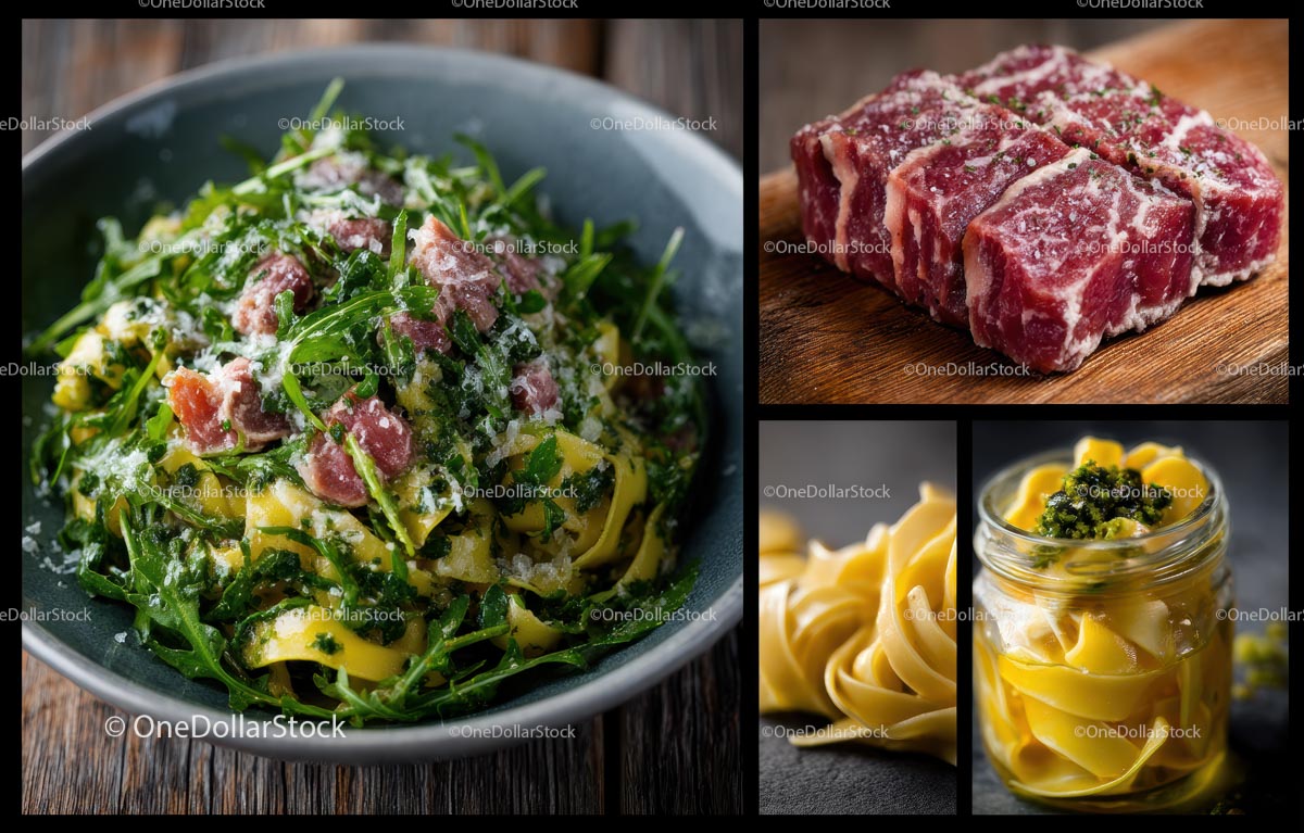 Tagliatelle z rukolą i wołowiną w rustykalnym otoczeniu