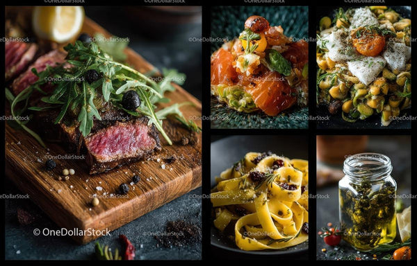 Gourmet dania z stekiem, makaronem i tatar z łososia