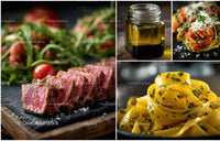 Gourmet Italian Cuisine Featuring Sliced Steak and Fresh Pasta