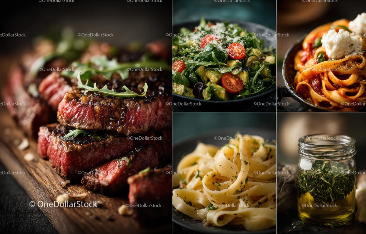 Gourmet Assortment: Steak, Pasta, and Fresh Salad