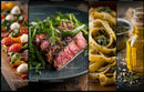Italian Cuisine Collage with Pasta, Steak and Fresh Ingredients