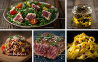 Gourmet Culinary Delights: Pasta, Steak, and Fresh Salad