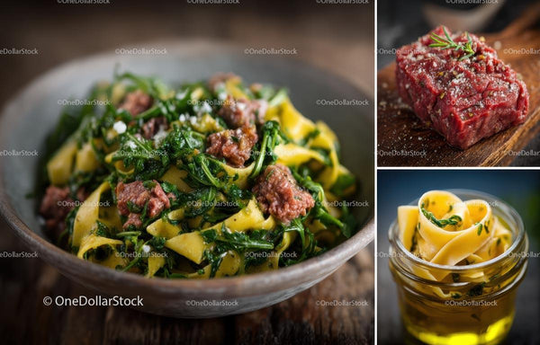 Gourmet danie z makaronem, świeżymi ziołami i surowym stekiem