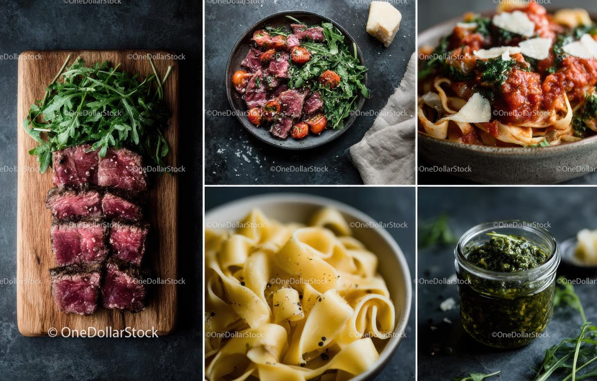 Gourmet Italian Meal with Steak, Pasta, and Fresh Arugula