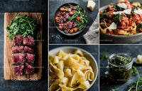 Gourmet Italian Meal with Steak, Pasta, and Fresh Arugula
