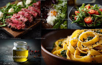 Gourmet Italian Cuisine: Steak, Salad, and Tagliatelle