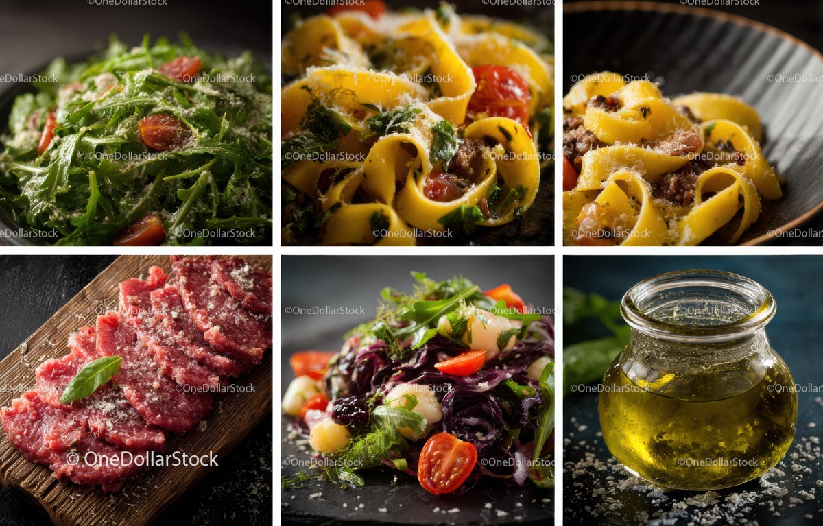 Italian Delicacies: Pasta, Salad, and Carpaccio