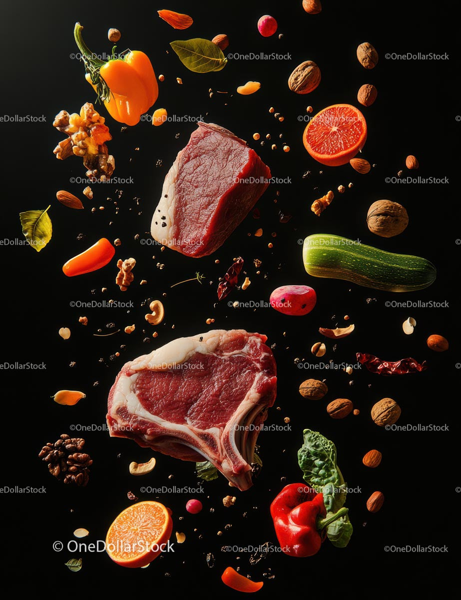 Artistic Arrangement of Raw Beef and Fresh Ingredients
