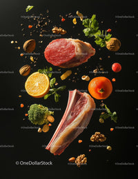 Raw Lamb Chop and Beef With Fresh Ingredients on Black