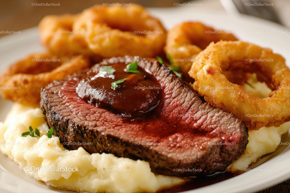 Juicy Steak with Onion Rings and Mashed Potatoes