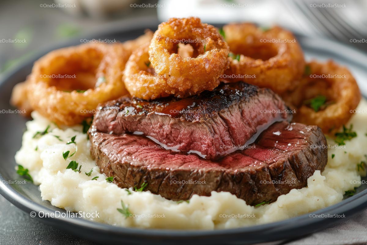 Juicy Steak with Onion Rings and Mashed Potatoes