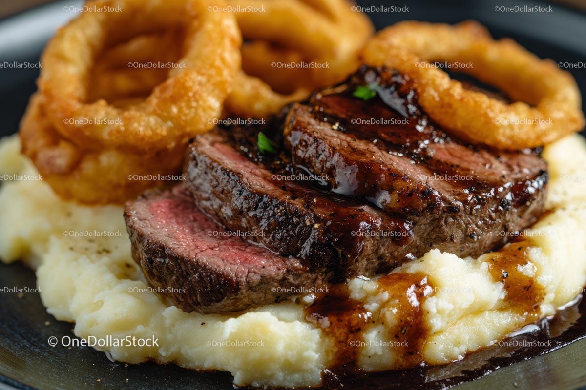 Juicy Steak and Crispy Onion Rings on Mashed Potatoes