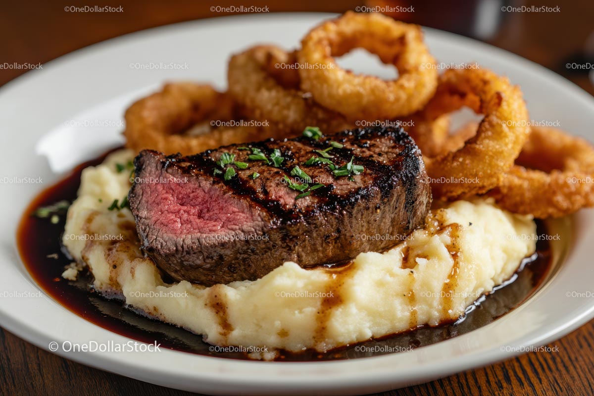 Grilled Steak with Mashed Potatoes and Onion Rings