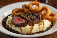 Grilled Steak with Mashed Potatoes and Onion Rings