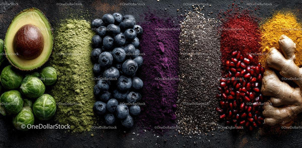 Żywa gama superfoods na rustykalnym tle
