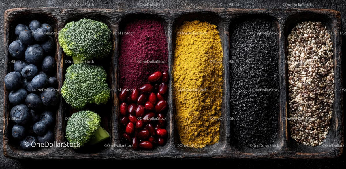 Assortment of Nutritious Foods in Wooden Compartments