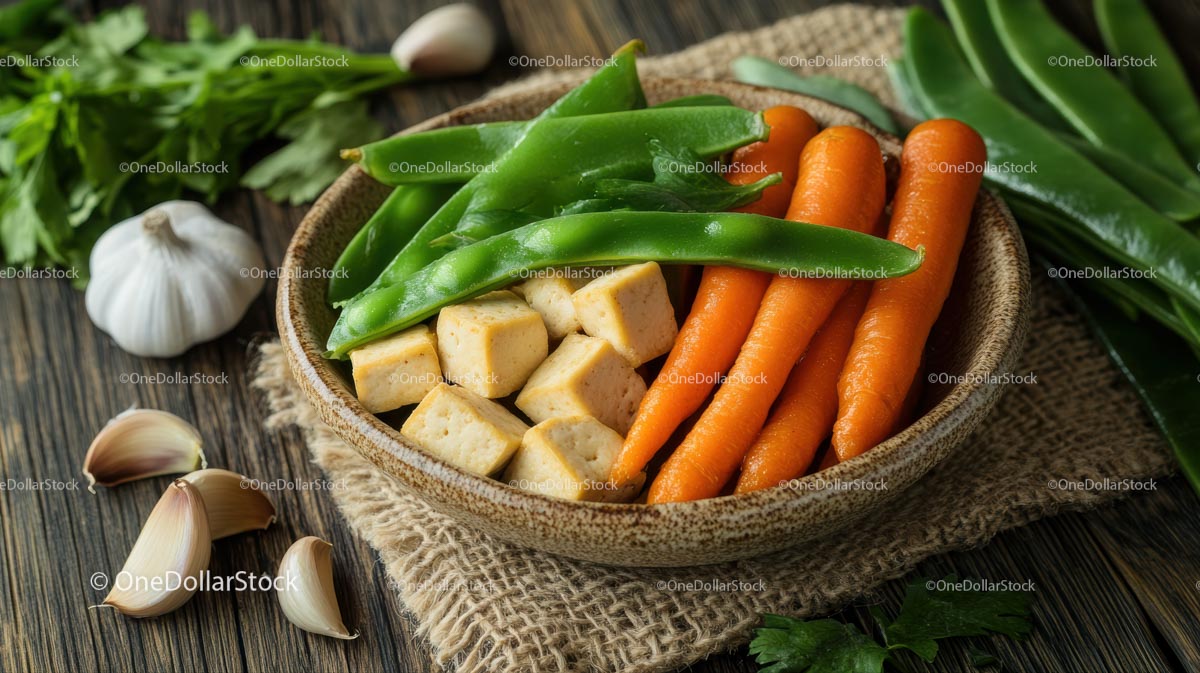 Świeże warzywa z tofu na rustykalnym stole