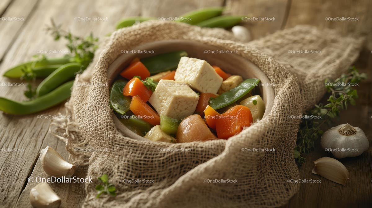 Rustic Tofu Dish with Fresh Vegetables on Wooden Table