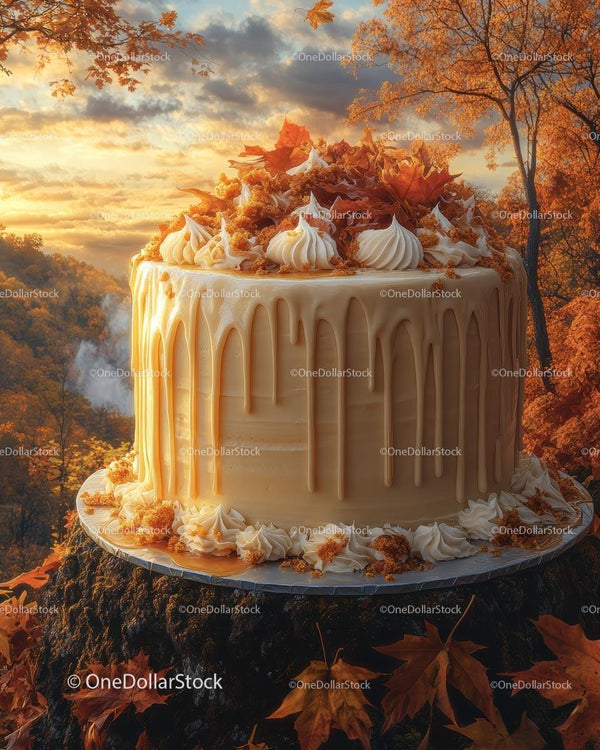 Autumn Cake Adorned with Maple Leaves and Creamy Drizzle