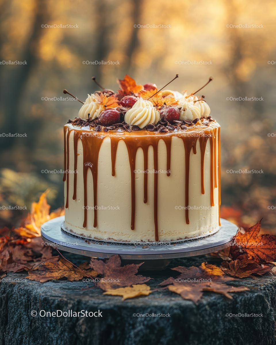 Autumn Cake with Caramel Drizzle in Forest Setting