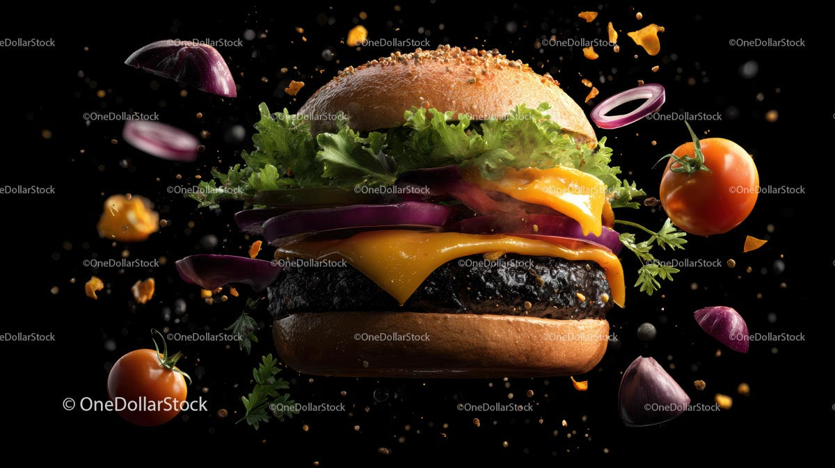 Floating Gourmet Cheeseburger with Fresh Ingredients