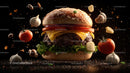 Gourmet Burger with Floating Ingredients in Dark Setting