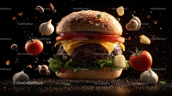 Gourmet Burger z Unoszącymi się Składnikami w Ciemnym Otoczeniu