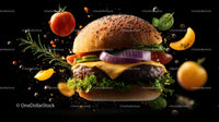 Gourmet Burger with Fresh Ingredients on Black Background