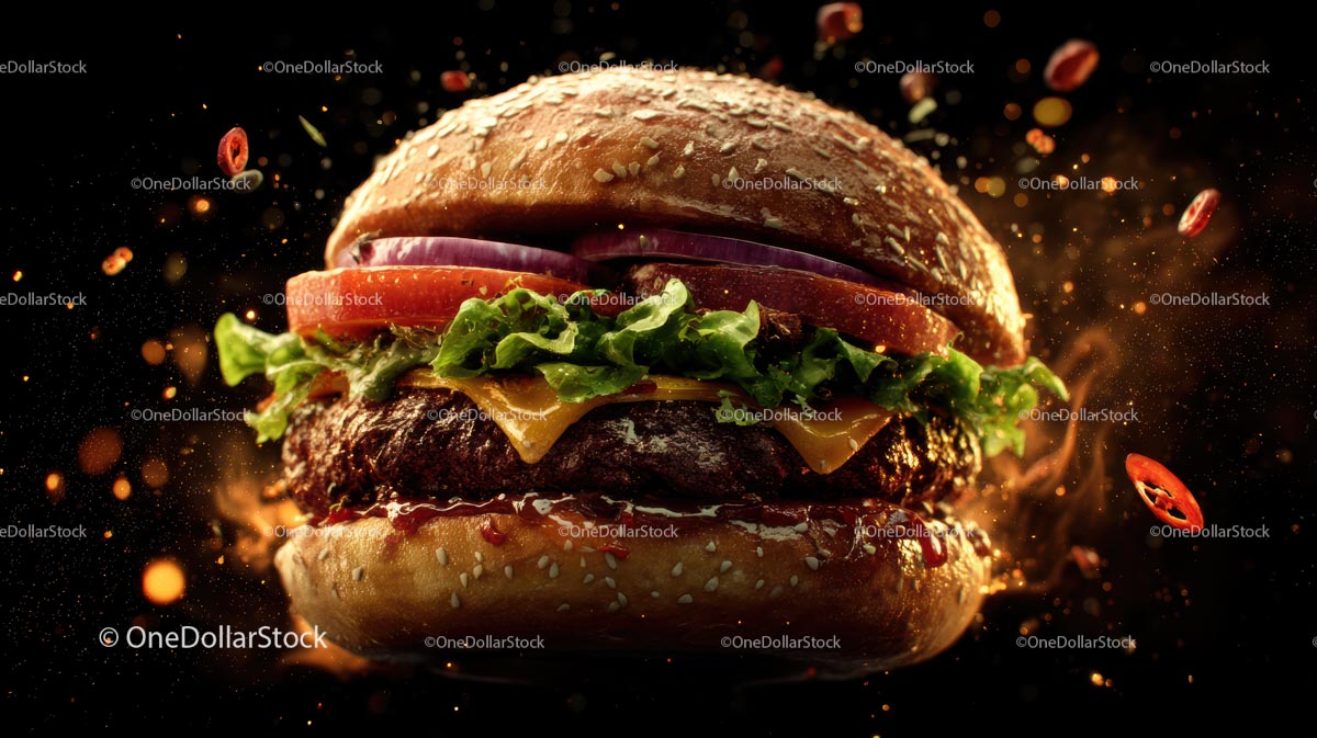Soczysty cheeseburger ze świeżymi warzywami i pikantnym chili